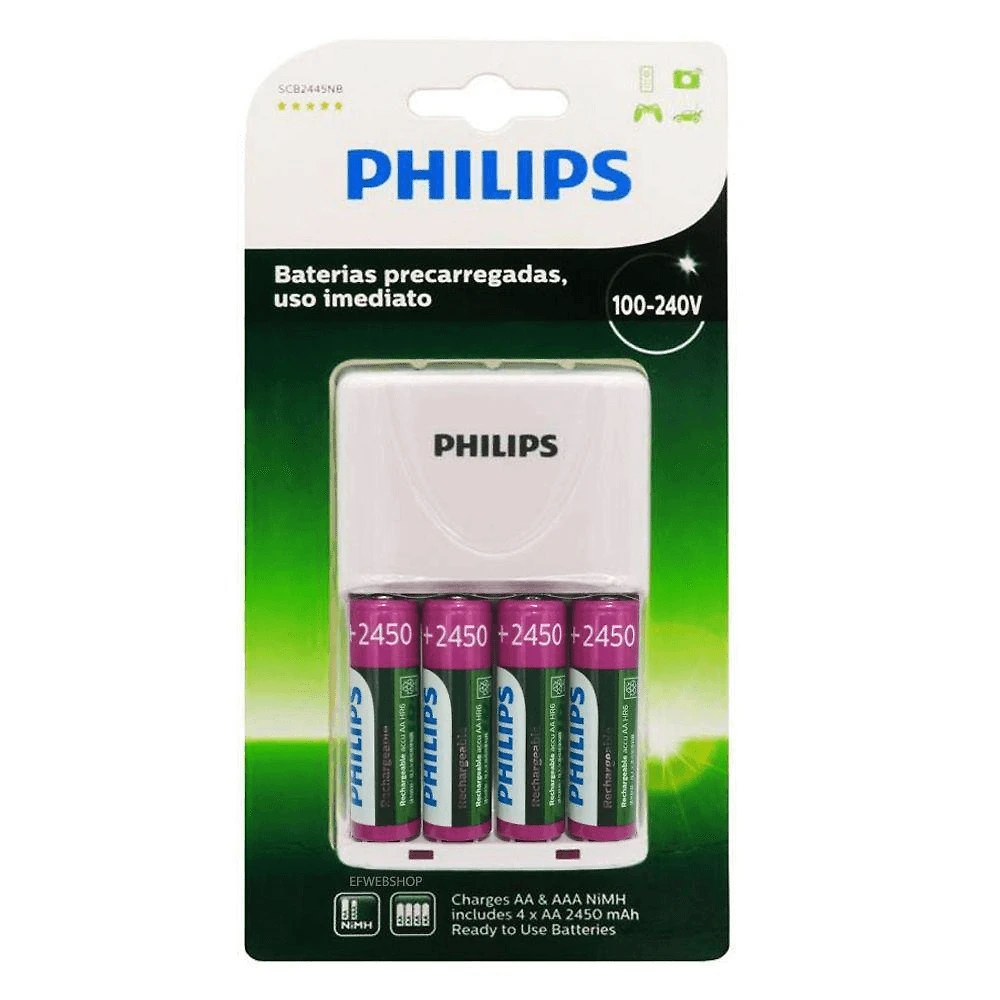 Carregador de Pilhas Philips com 4 Pilhas AA Recarregáveis 2450mAh SCB2445NB (Bivolt)