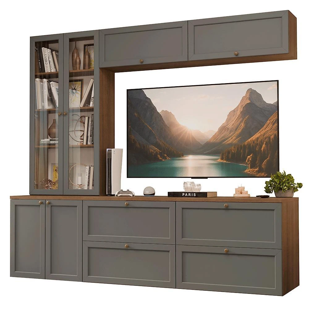 Estante sala de estar com rack + cristaleira 230cm rustic/cinza vik madesa 01