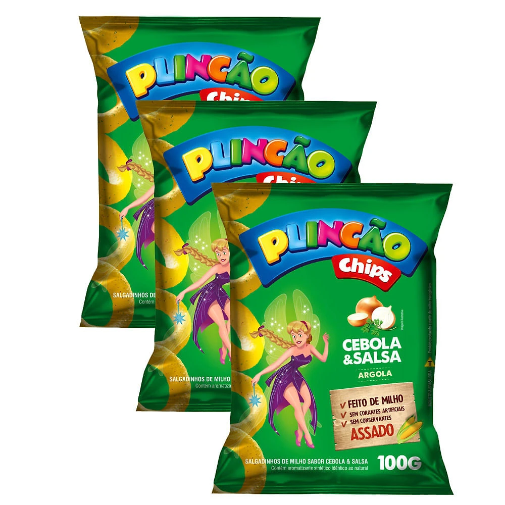 Kit 3 Salgadinho de Milho Plincão Chips Sabor Cebola e Salsa Argola 100g