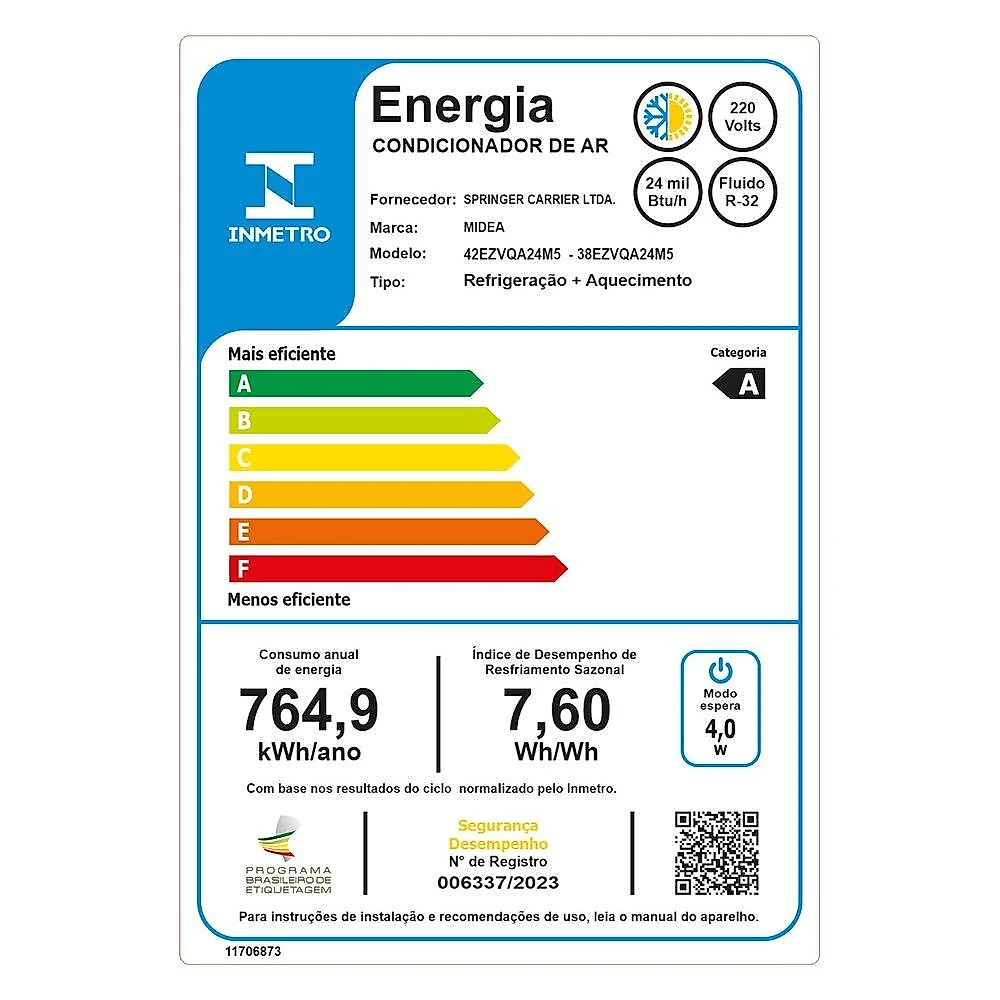 Ar-Condicionado Split Inverter 24000 BTUs Midea AI Ecomaster High Wall Quente e Frio 42EZVQA24M5/38EZVQA24M5 220V