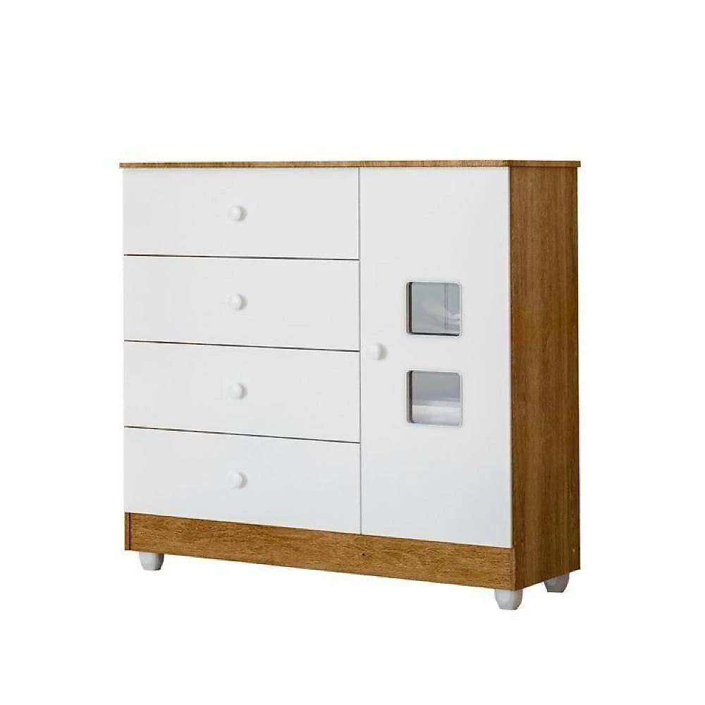 Quarto de Bebê com Berço Mini Cama, Cômoda 1 Porta 4 Gavetas e Roupeiro 100% Mdf 3 Portas 2 Gavetas Branco/Madeirado Ypê