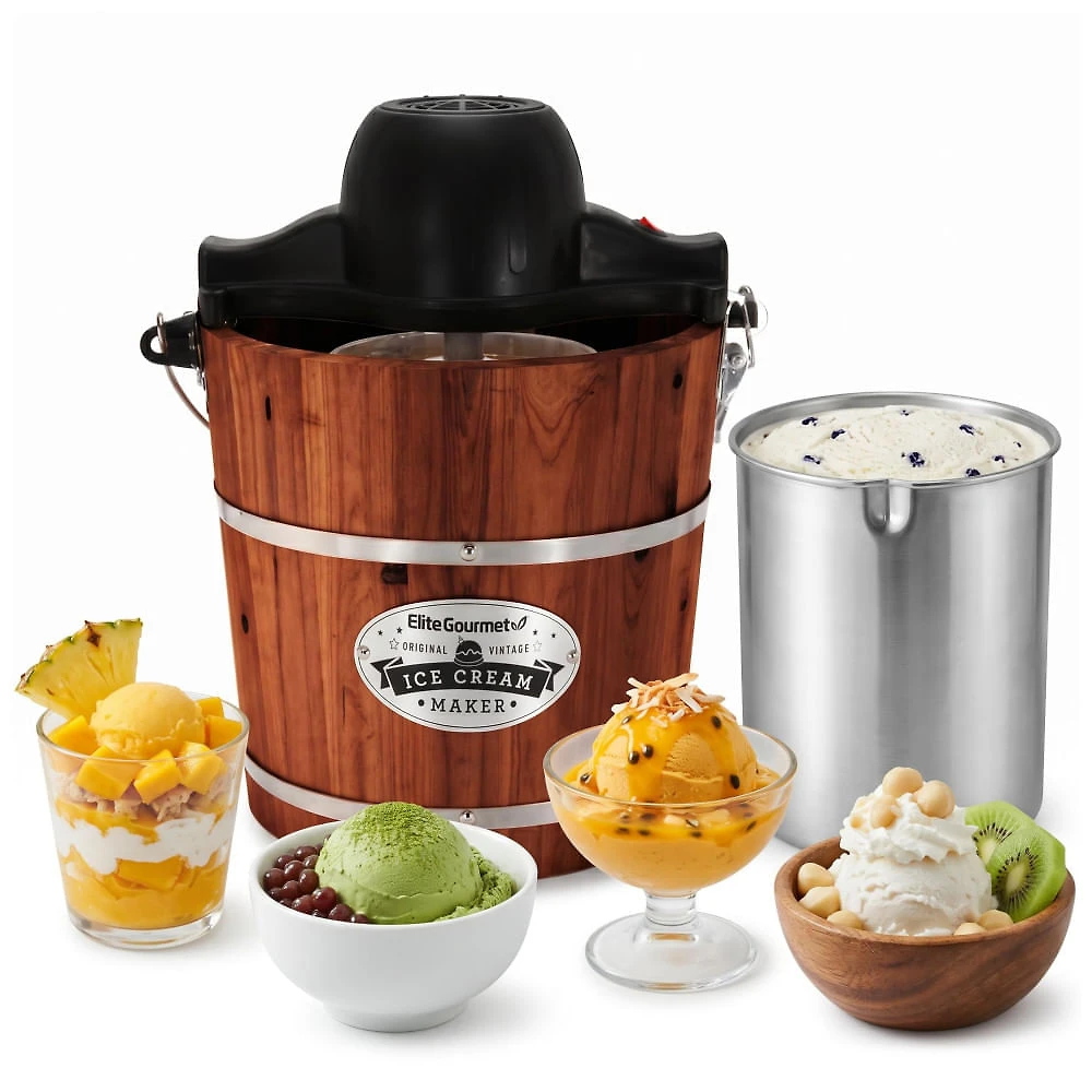 Máquina de Sorvete Elite Gourmet EIM418 Nogueira 4L Modo Vintage Motor Elétrico 240V