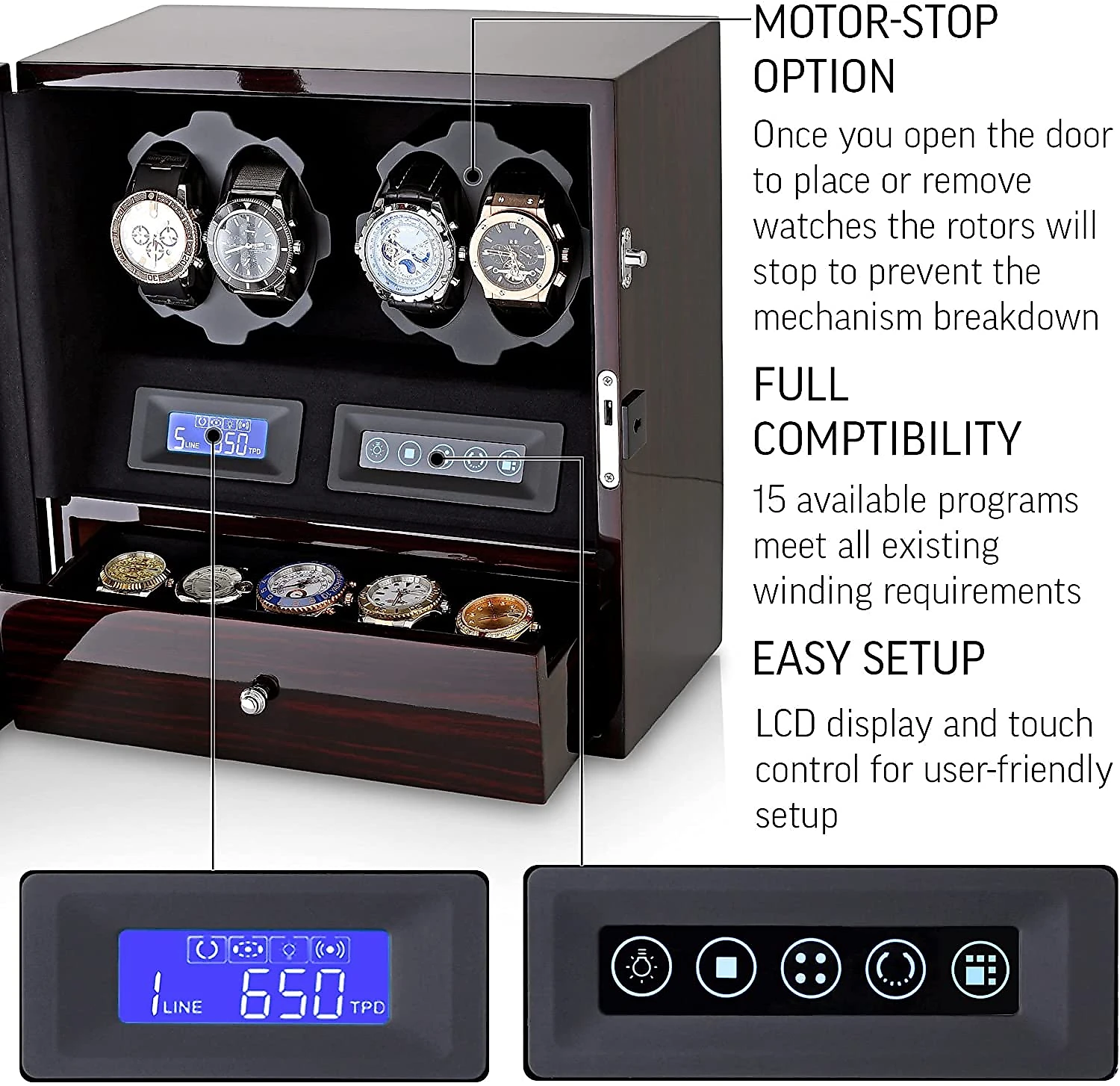 WATCH WINDERS CaixaEstojo Rotativo Automático para Relógios c om Luz e Painel de Controle 4 Lugares Preto
