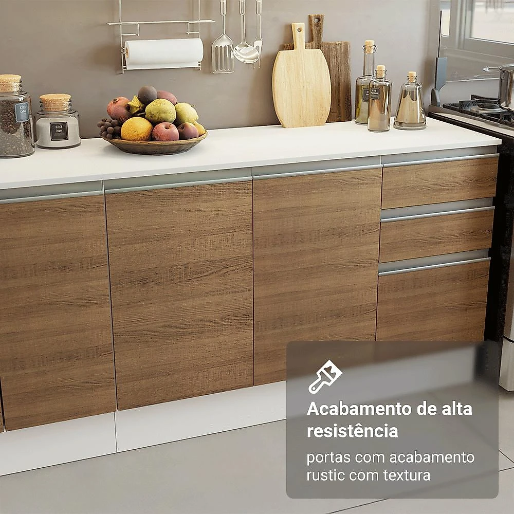 Armário de Cozinha Completa 100% MDF 310 cm Branco/Rustic/Crema Smart 02 Branco/Rustic/Crema