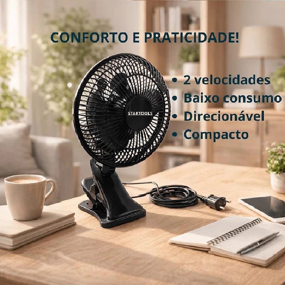 Ventilador de Mesa Portátil Yeet 25W 3 Pás 3 Velocidades Preto 220V