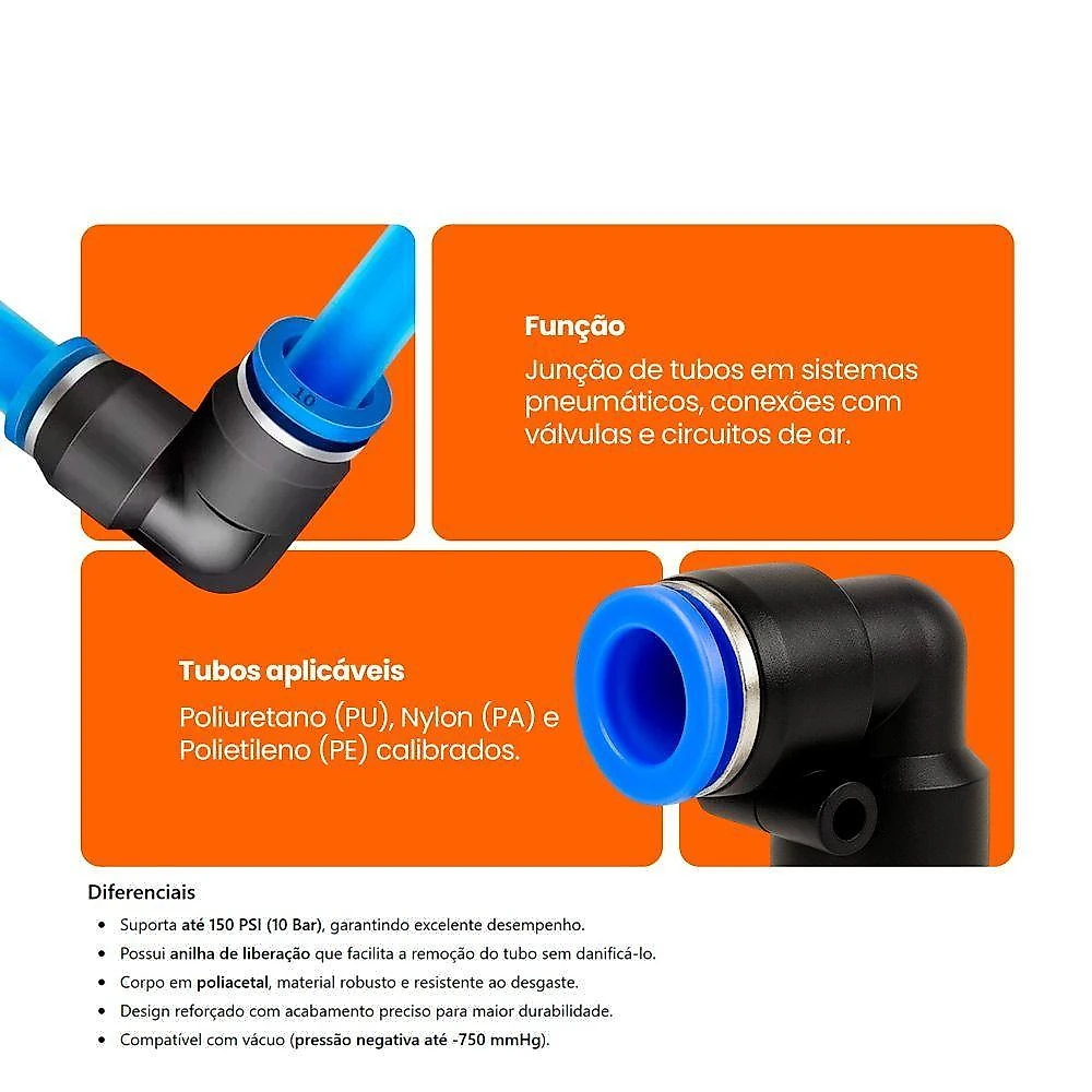 10 Cotovelos União Conexão Emenda 10mm Pu Pneumática Engate Rápido