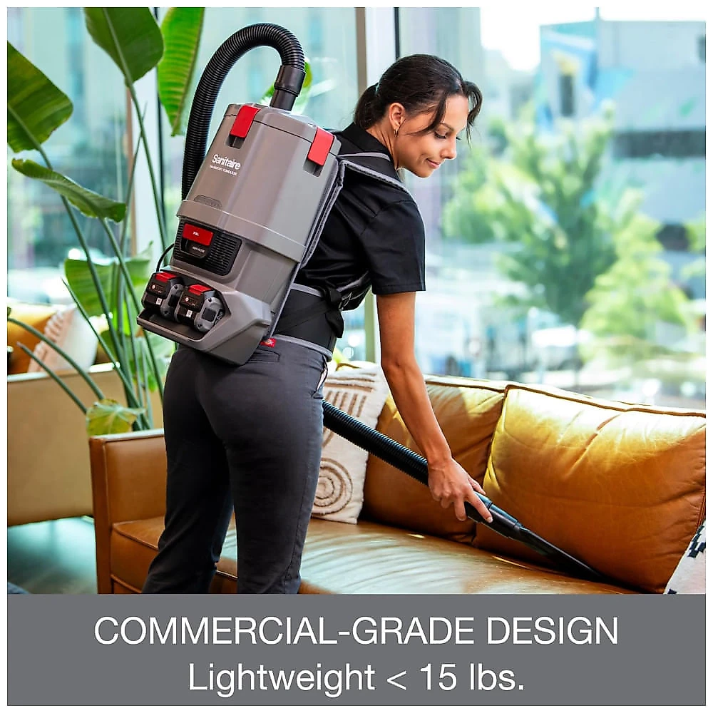 Aspirador de Pó Mochila sem fio com Varinha Ajustável e Baterias Duplas de 24V, 110V 400W Sanitaire SC580A, Cinza