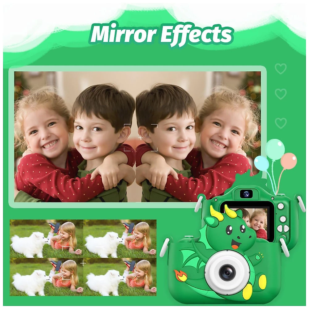 Câmera Selfie Infantil Goopow verde para meninas/meninos de 3 a 9 anos, digital com capa protetora e cartão SD 32GB incluso, 11 x 19 x 3 cm, 0,5 kg.