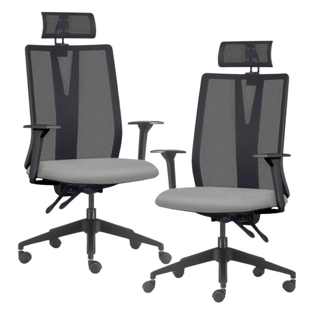 Kit 2 Cadeiras Escritório Giratória Presidente Flow F02 Base Preta Sintético Cinza - Lyam Decor