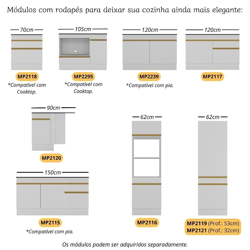 Armário de Cozinha Modulada Completa Canto 409cm com Balcão para Cooktop Veneza Multimóveis MP2303 Branco