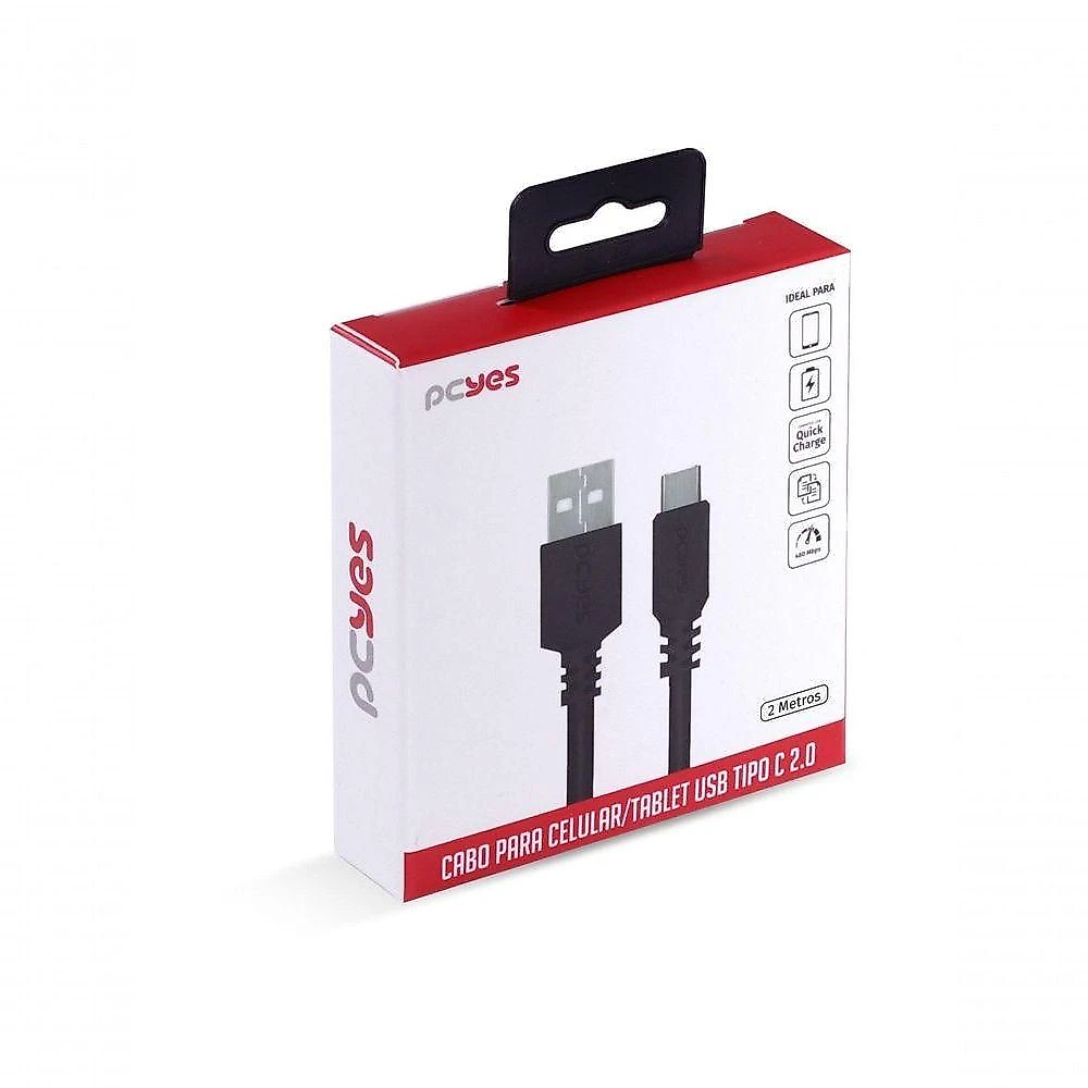 Cabo Usb a 2.0 para Usb Tipo C Pcyes para Celular 2 Metros 480Mbps 5V 3A 1 Unidade