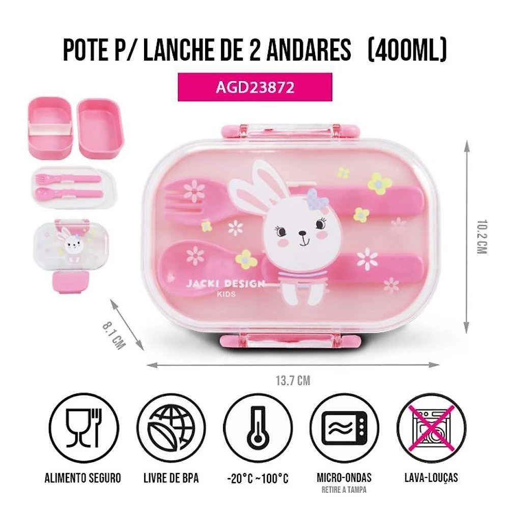 Conjunto Lancheira Térmica Com Garrafa 460ml E Pote P- Lanche De 2 Andares 400ml Rosa