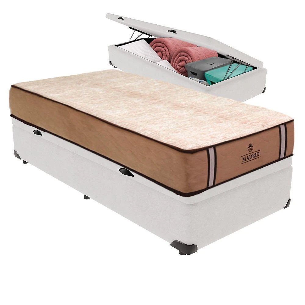 Cama Box com Baú Solteiro Madrid Pillow Top Molas Ensacadas Tecido Branco Vtech