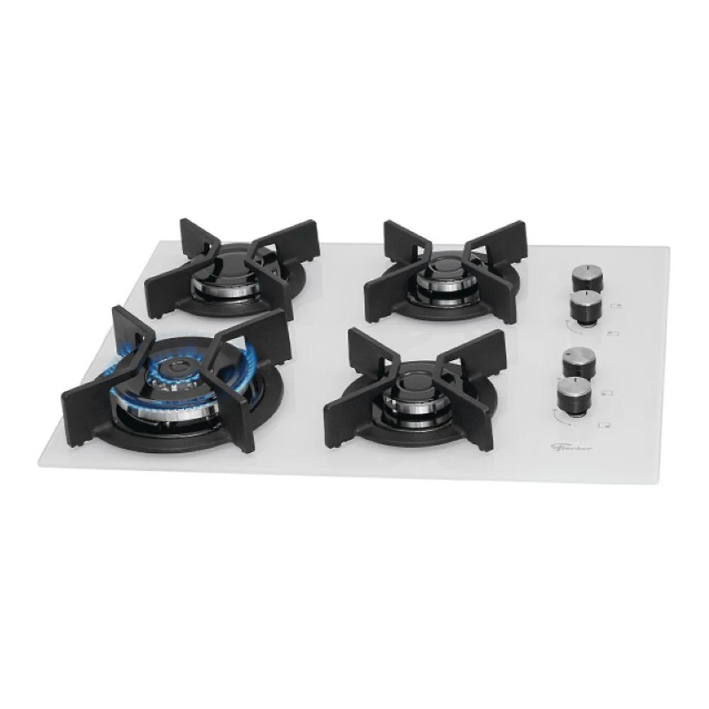 Cooktop A Gás Fischer 4 Bocas Tripla Chama Infinity Com Trempe De Ferro Fundido Mesa Vidro Branco Bivolt