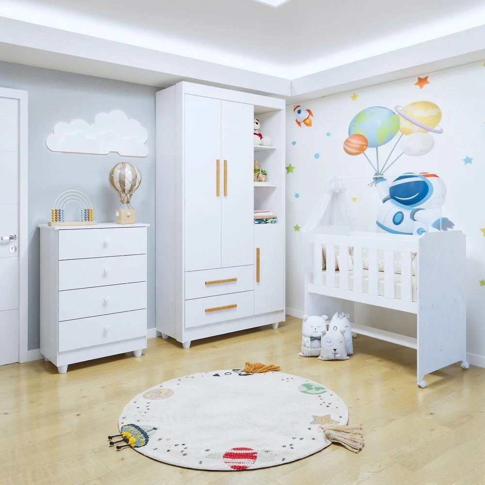 Quarto de Bebê Completo com Cômoda, Mini Berço com Colchão e Guarda Roupas Lila