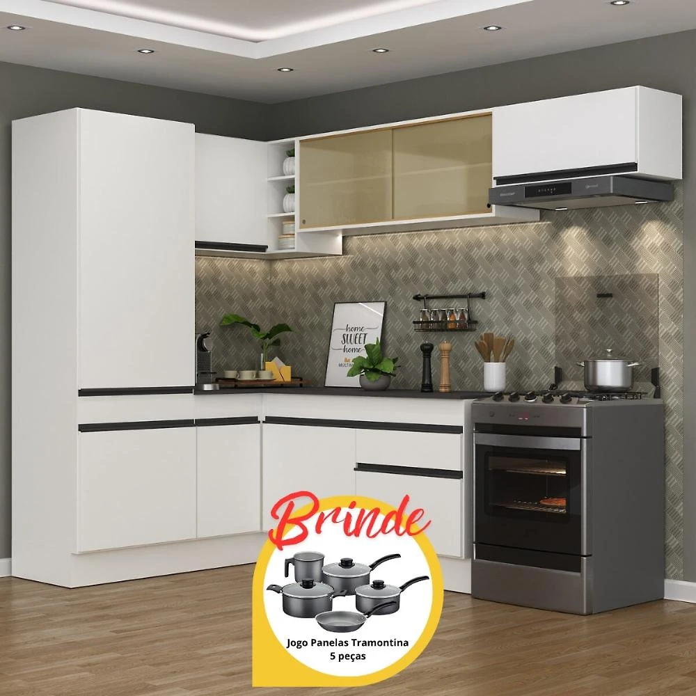 Cozinha Completa de Canto Veneza MP2086 Multimóveis Branco/Preto + Brinde Jogo de Panelas Tramontina