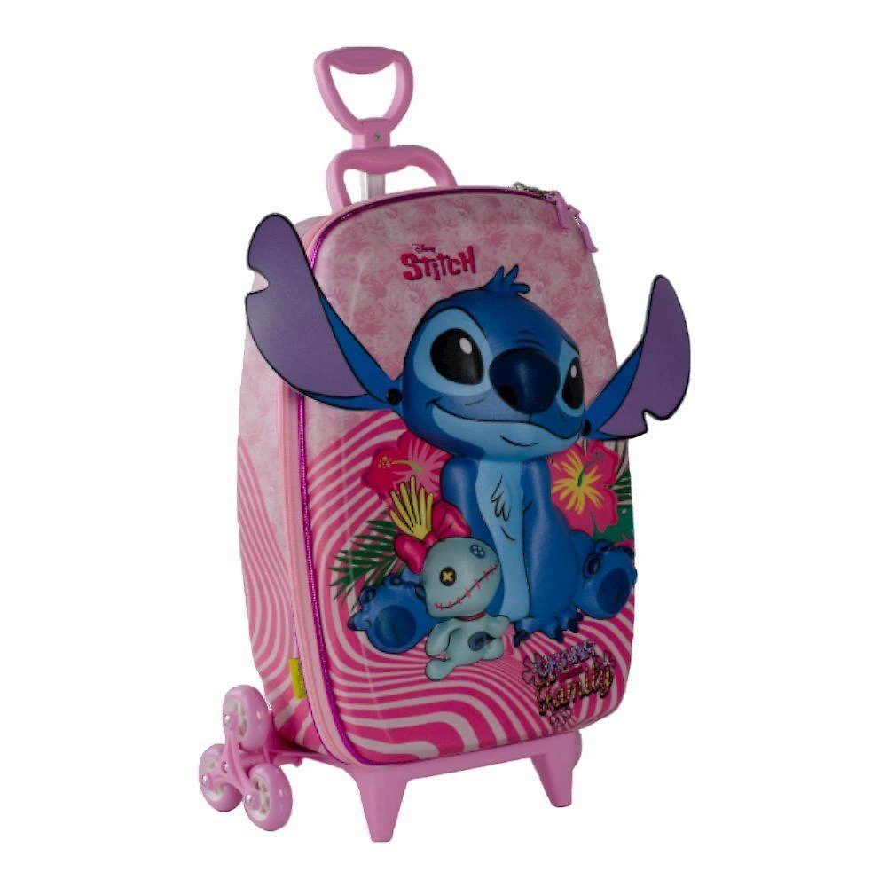 Mala Infantil 3+ Pré Escola Creche Menina Stitch 3d Com Rodinhas Cor Rosa