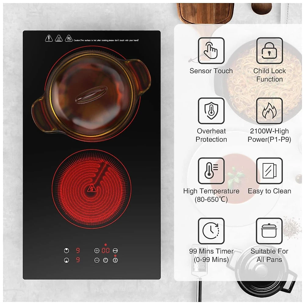 Cooktop de Indução Elétrico com 2 Queimadores, 9 Níveis de Aquecimento, Temporizador e Trava de Segurança Infantil, 110V...