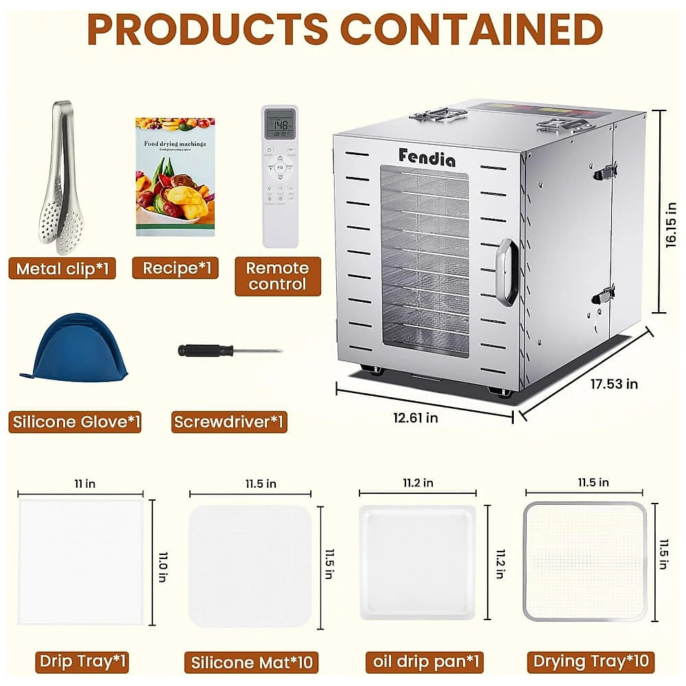 Desidratador de Alimentos para Jerky com 10 Bandejas de Aço Inoxidável, 1000W, Temporizador de 24 Horas e Controle de Temperatura a 90°C, Fendia