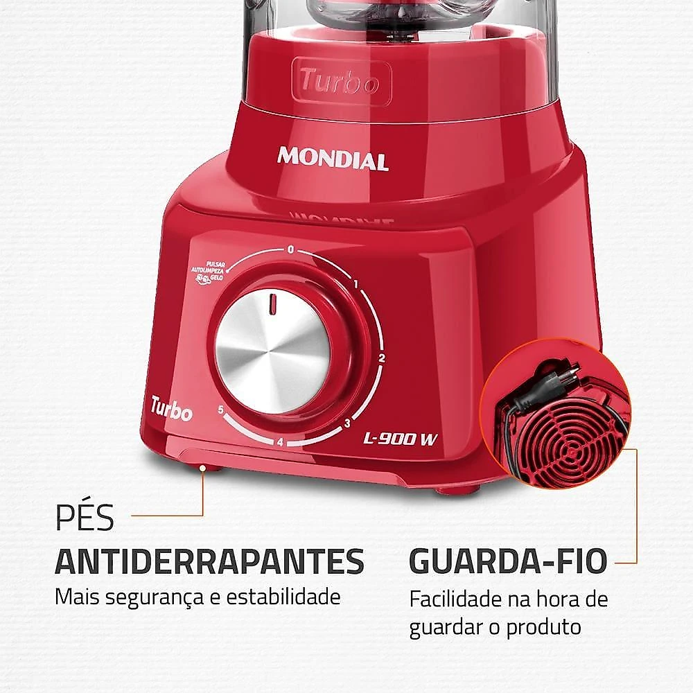Liquidificador mondial turbo l900 vermelho 900w com 5 velocidades 110