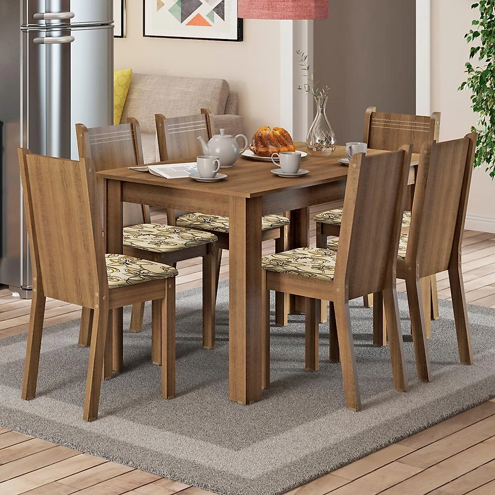 Conjunto sala de jantar madesa maris mesa tampo de madeira com 6 cadeiras - rustic/lírio bege