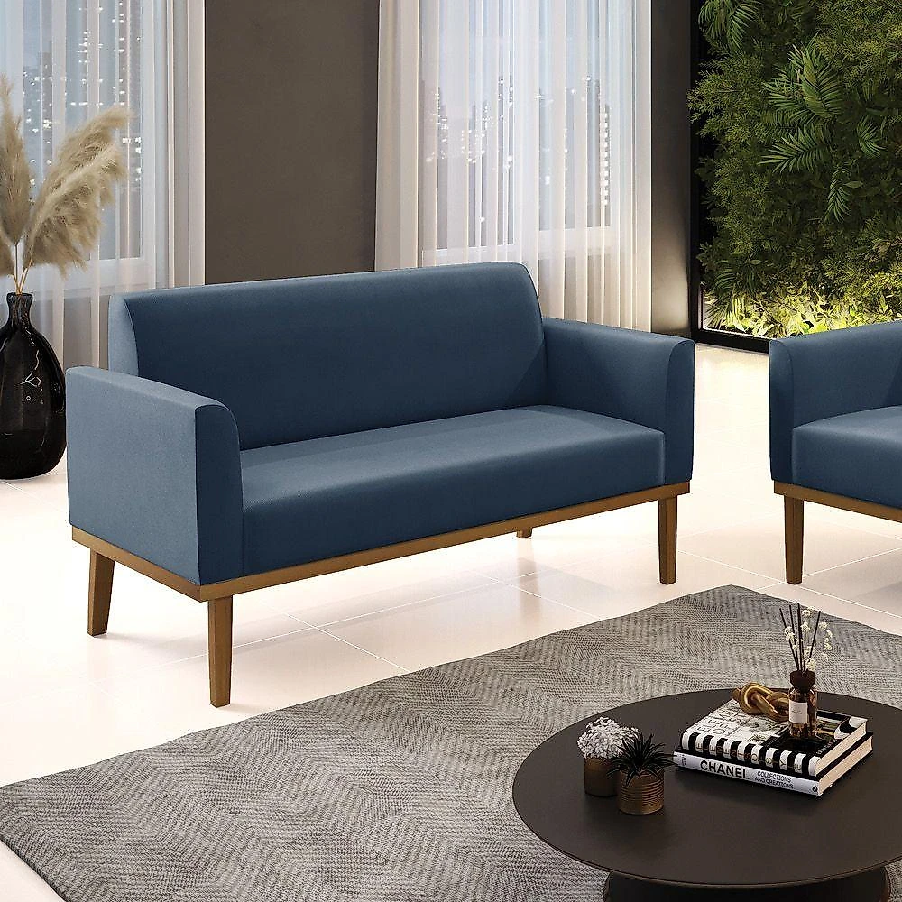 Sofá Namoradeira Base De Madeira Fixa Castanho Marisa Suede Azul Marinho D03 - D?rossi