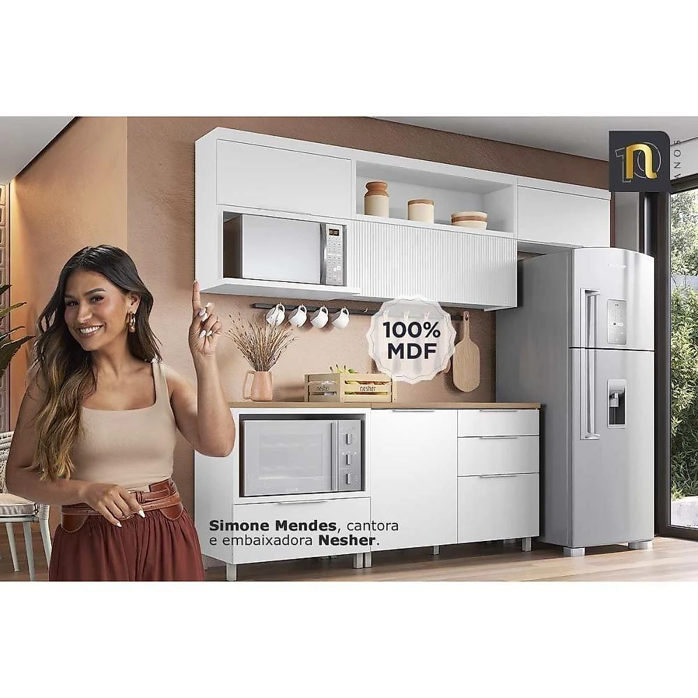 Cozinha Modulada Nesher Marquesa 4 Peças (2aéreos+2balcões) C4p24 Nogueira-nesher