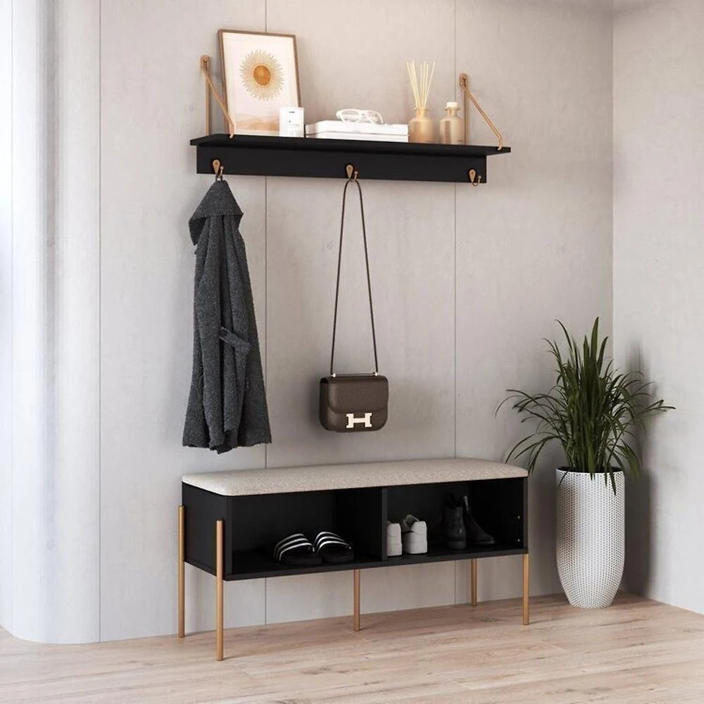 Conjunto Sapateira Banco Estofada e Prateleira Pé Metal Oslo Nero/Dourado