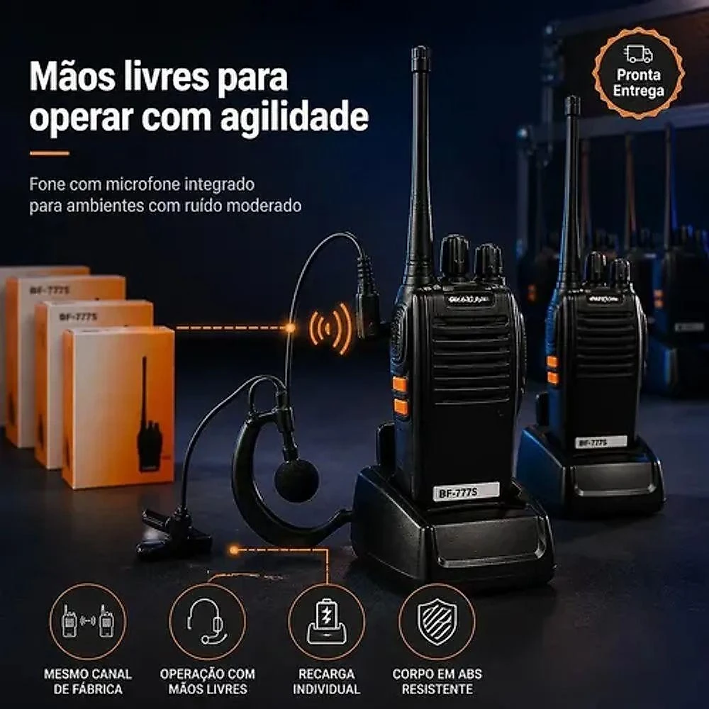 Rádio Comunicador B-Max Baofeng BF777S UHF 400-470 Mhz 16 Canais 5W Alcance 12 Km VOX Preto Kit 10
