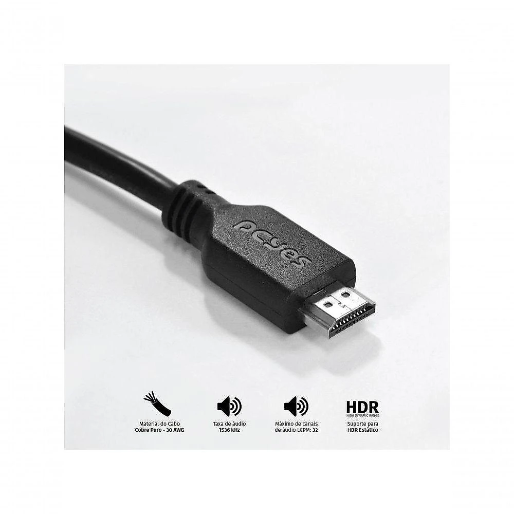 Cabo HDMI 2.0 4K 30AWG 2 Metros PHM20-2 Puro Cobre para Dispositivos HDMI Pcyes
