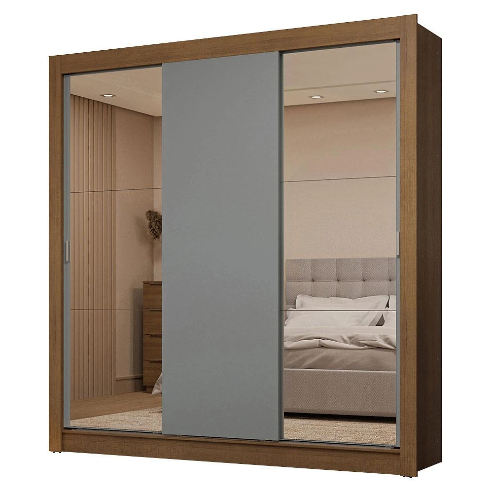 Guarda-roupa casal 3 portas de correr com espelhos 2 gavetas rustic/cinza sublime madesa