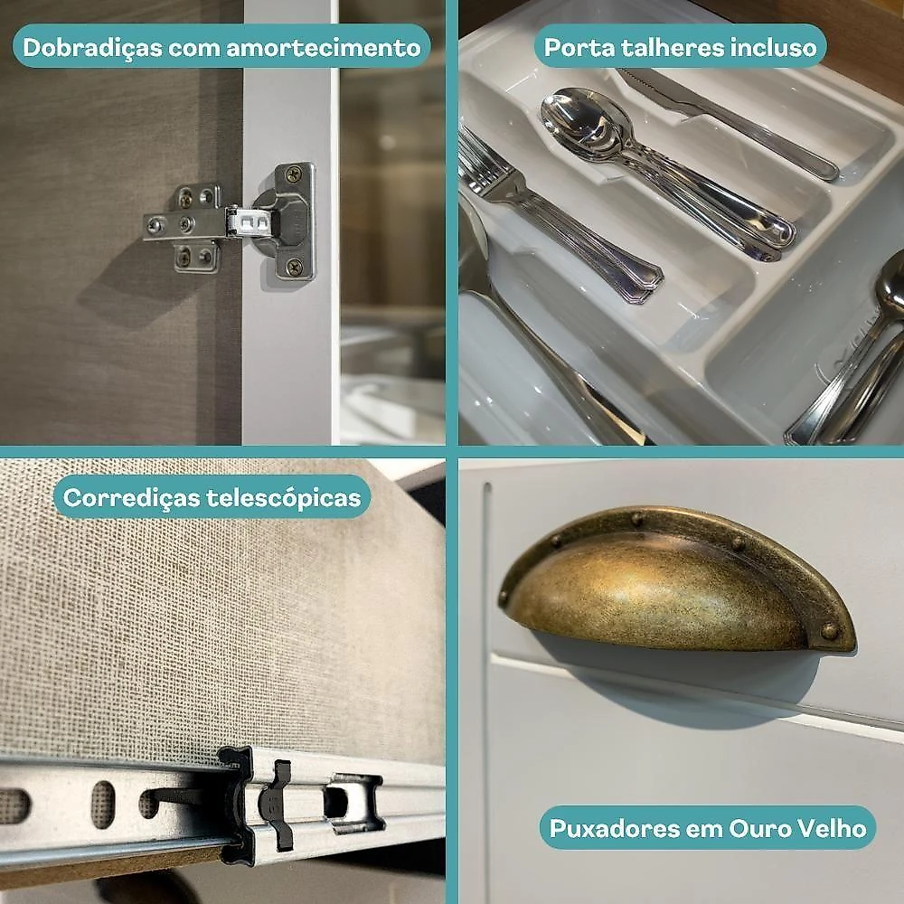 Cozinha Milla Cora Flow 15 Portas 3 Gavetas MDF 360CM Branco Móveis Carraro