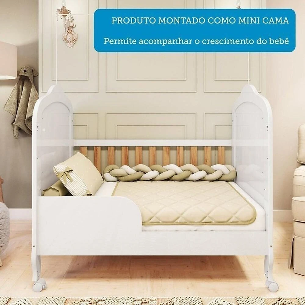 Quarto de Bebê com Guarda-roupa Cômoda e Berço com Capitonê 100% Mdf Maya Provençal Espresso Móveis Branco Brilho/Amêndoa/Branco