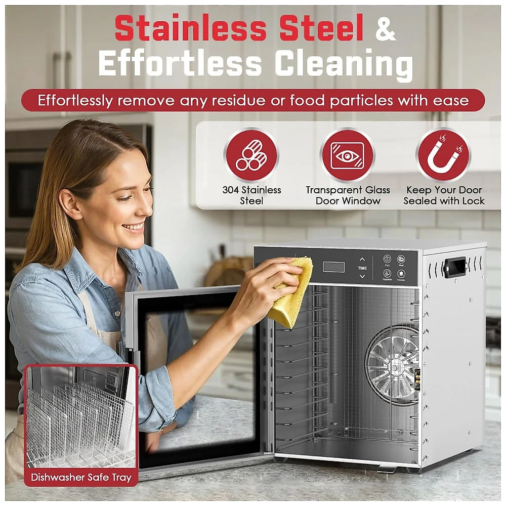 Desidratador de Alimentos HOPERAN em Aço Inoxidável 800W Máquina de Desidratação Elétrica com 4 Programas, Temporizador Ajustável, Controle de Tempera Desidratador de Alimentos HOPERAN em Aço Inoxidável 800W Máquina de Desidratação Elétrica com 4 Programas, Temporizador Ajustável