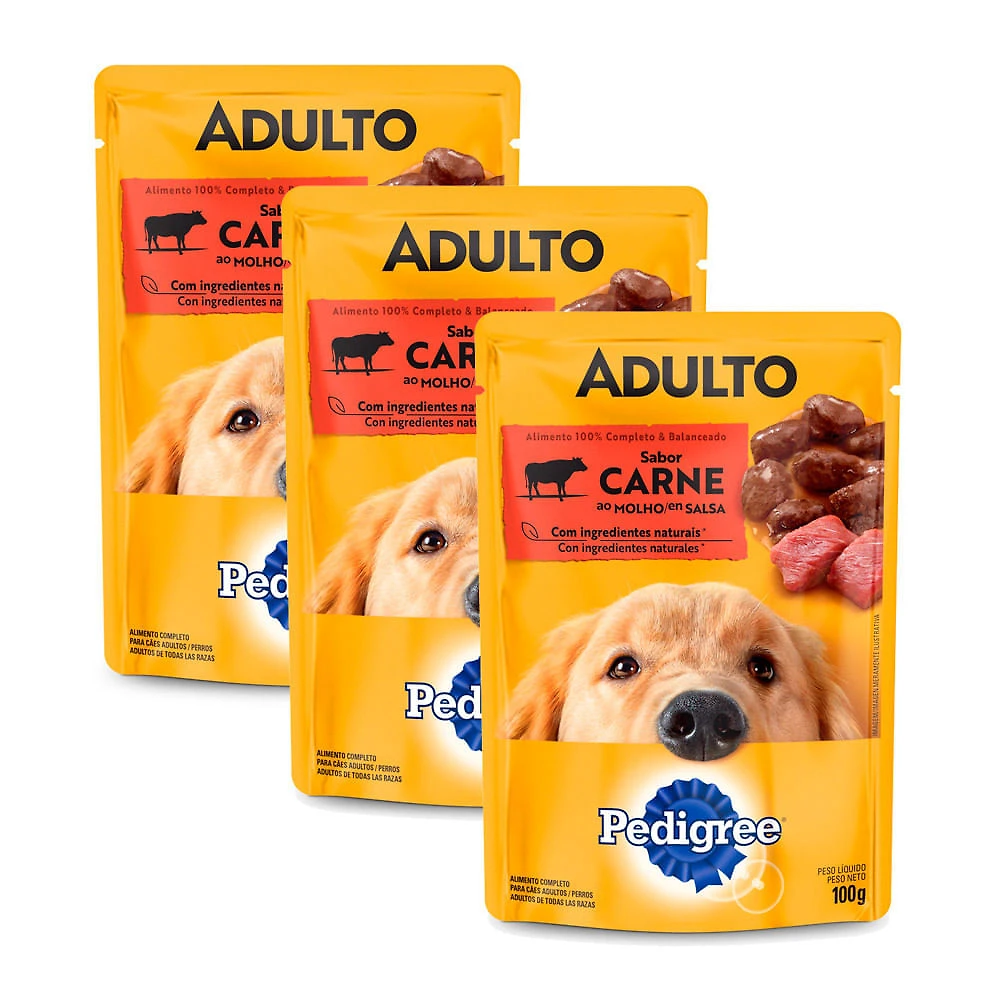 Kit 3 Ração para Cães Pedigree Adulto Sachê Sabor Carne ao Molho 100g