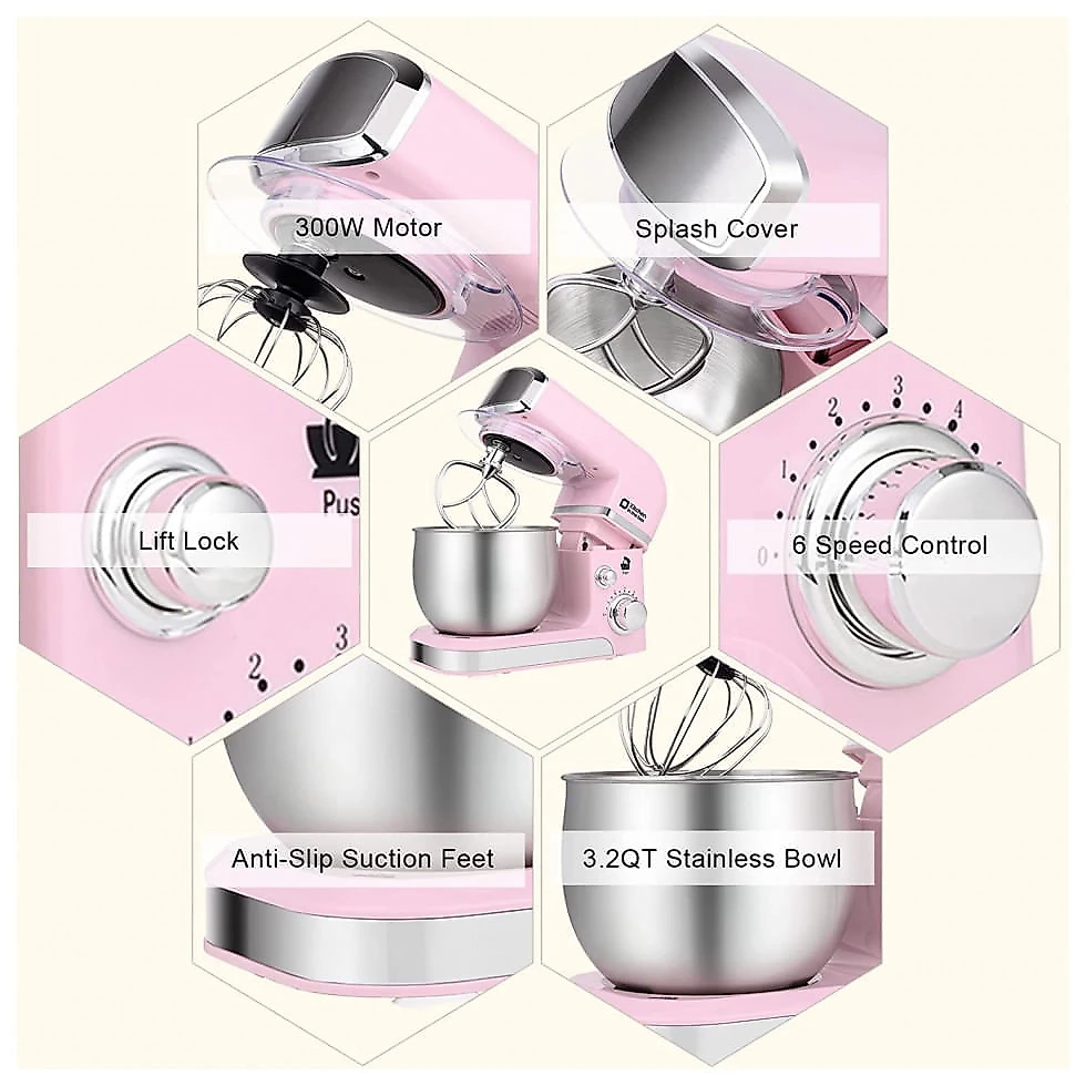 Batedeira Elétrica de Bancada Kitchen 3 Litros com 6 Velocidades 110V 300W Rosa