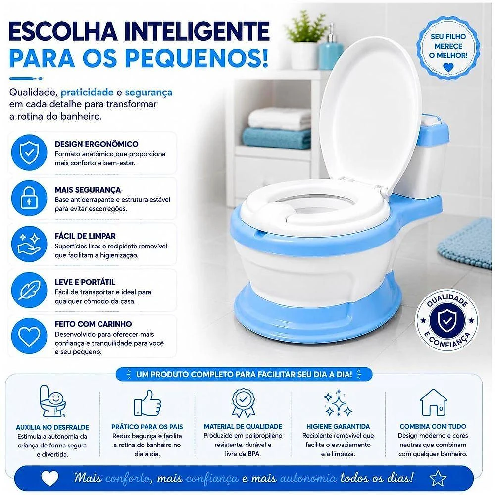 Troninho Privadinha Infantil com Assento Redutor Removível e Compartimento para Lenços Azul