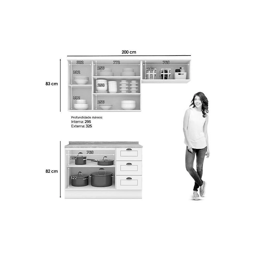 Cozinha Completa 4 Peças Americana CZ148 6 Portas 3 Gavetas MDF-MDP Branco Móveis Henn