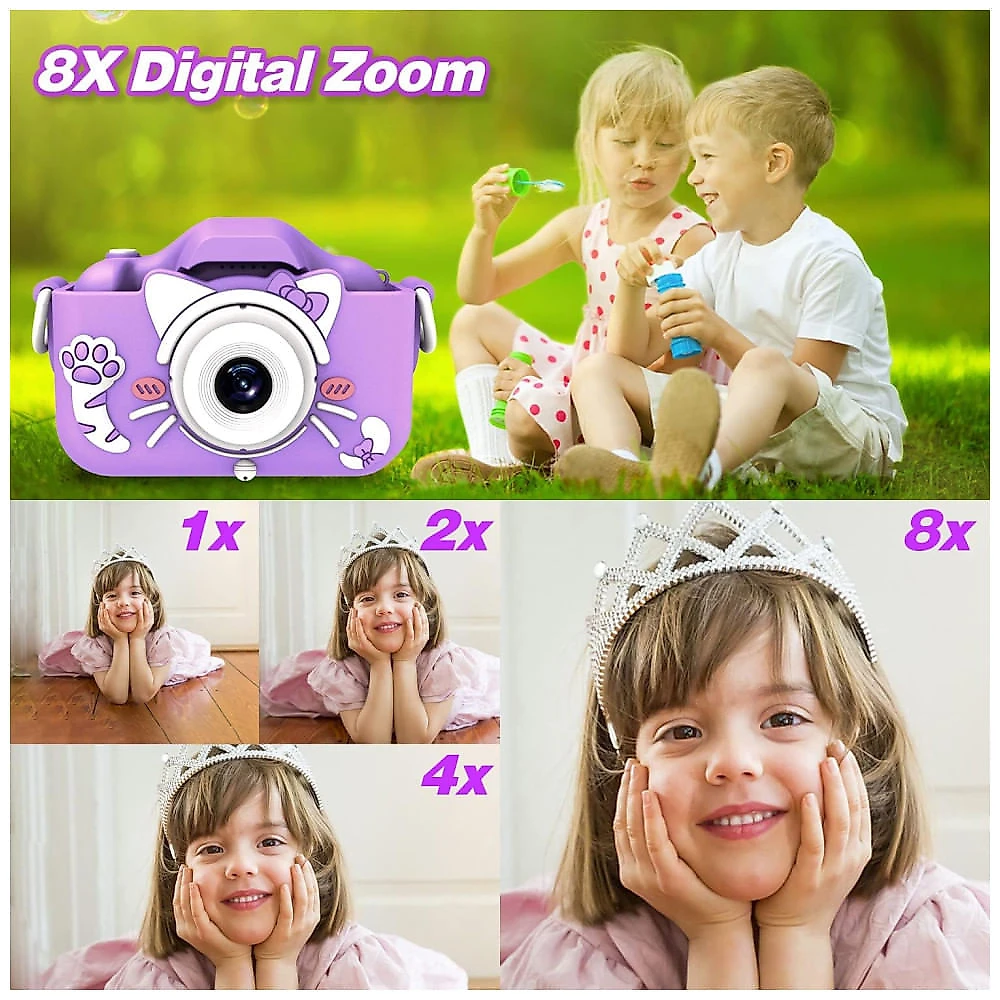 Câmera infantil Goopow para crianças de 3 a 8 anos, com vídeo HD 1080p, 12MP, zoom digital 8x, 28 molduras divertidas e cartão SD de 32GB incluso.