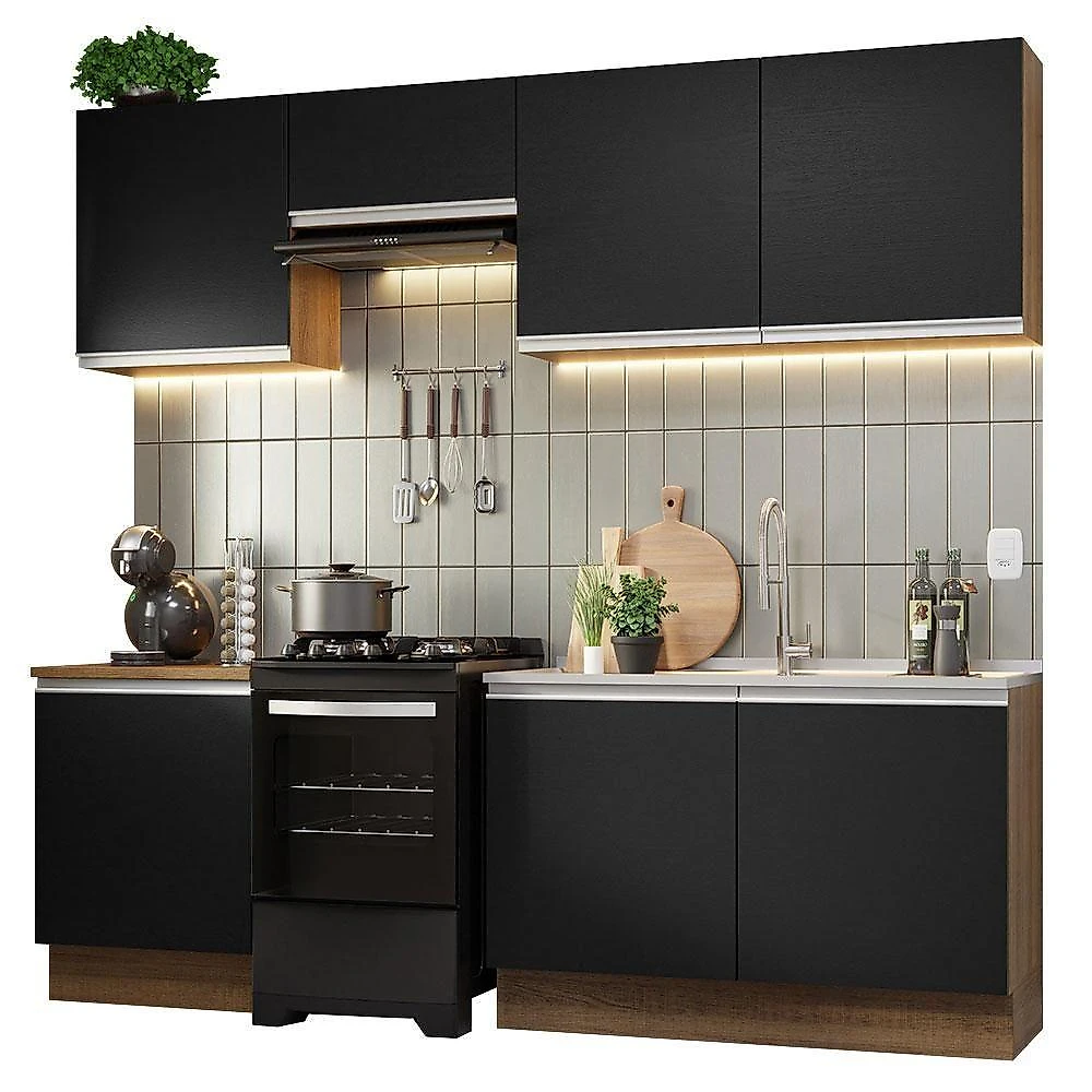 Armário De Cozinha 240Cm Rustic/Preto Glamy 09 Rustic/Preto