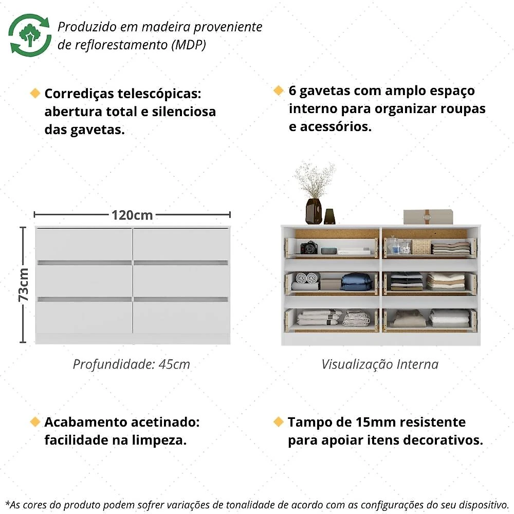Miniatura Cômoda com 6 Gavetas 120cm Multimóveis MP4396 Branco