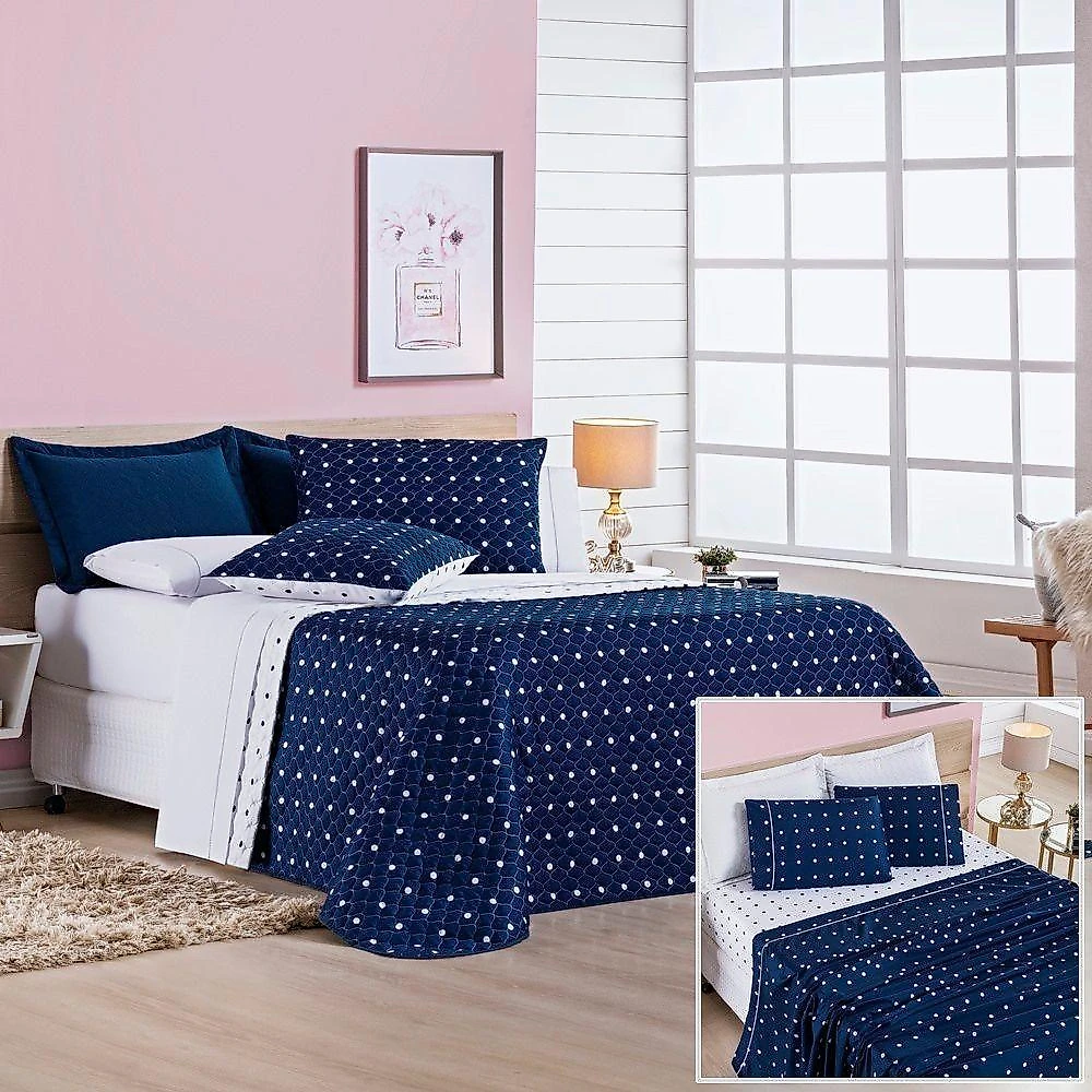 Kit Cobre Leito Jogo de Cama Banho Petit Poá Casal 12 Peças 100% Poliéster Micro Percal Marinho Bia