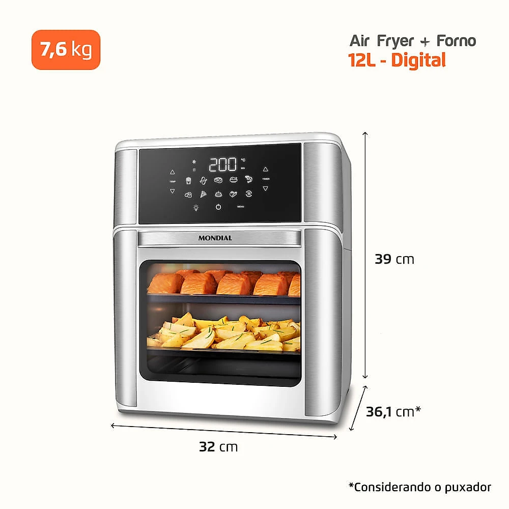 Fritadeira Air Fryer Forno Oven 12L Mondial Branco/Inox 2000W - AFON-12L-WI 127V