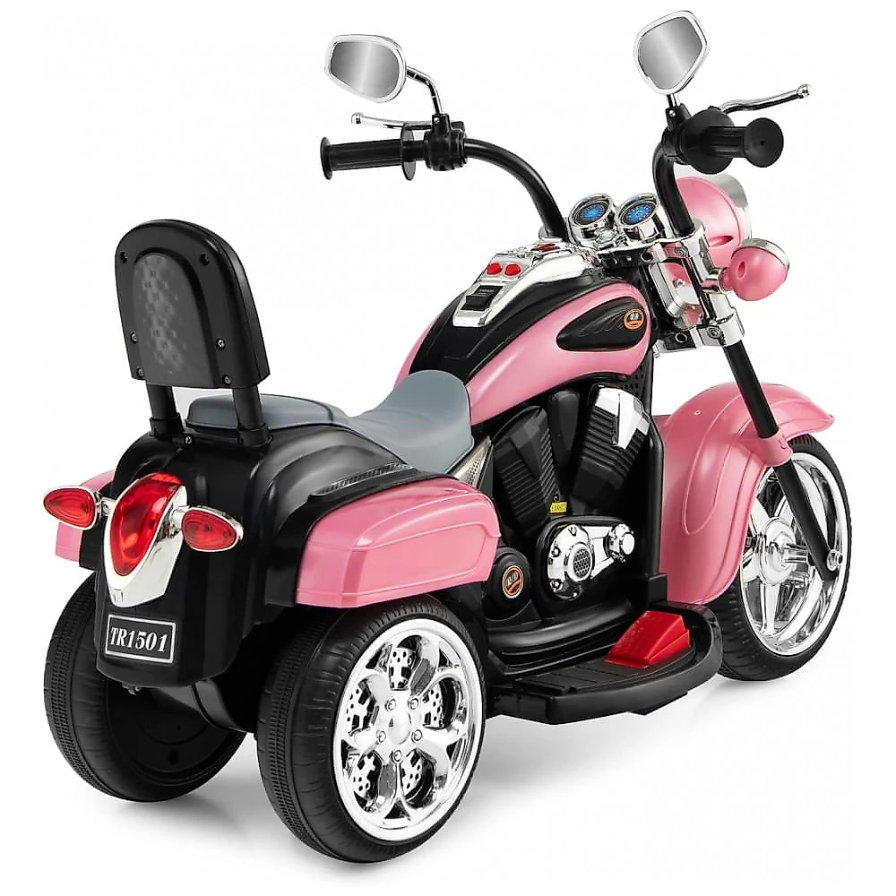 Moto Elétrica Infantil Chopper OLAKIDS Rosa 6V 3 Rodas de Treinamento Farol LED Buzina Suspensão Estrutura Metálica 3 km/h