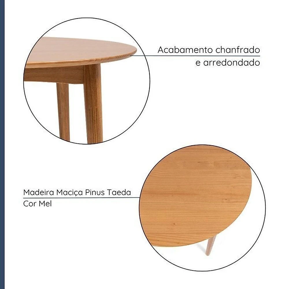 Conjunto Mesa de Jantar Redonda Madeira Maciça com 4 Cadeiras Estofadas Olmo Mel Mel