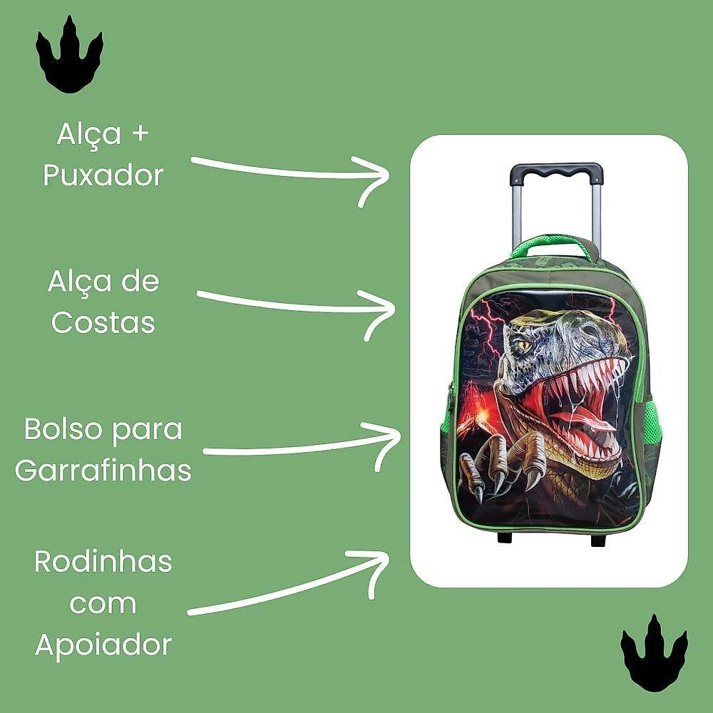 Kit Escolar Trex Para Meninos Mochila + Lancheira + Estojo Reforçada Resistente 17' - Trex Attack Verde Escuro