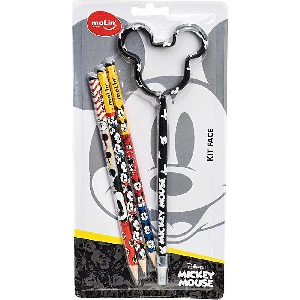 Kit Escolar Molin do Brasil Mickey 3 Lápis e 1 Caneta Azul Preto