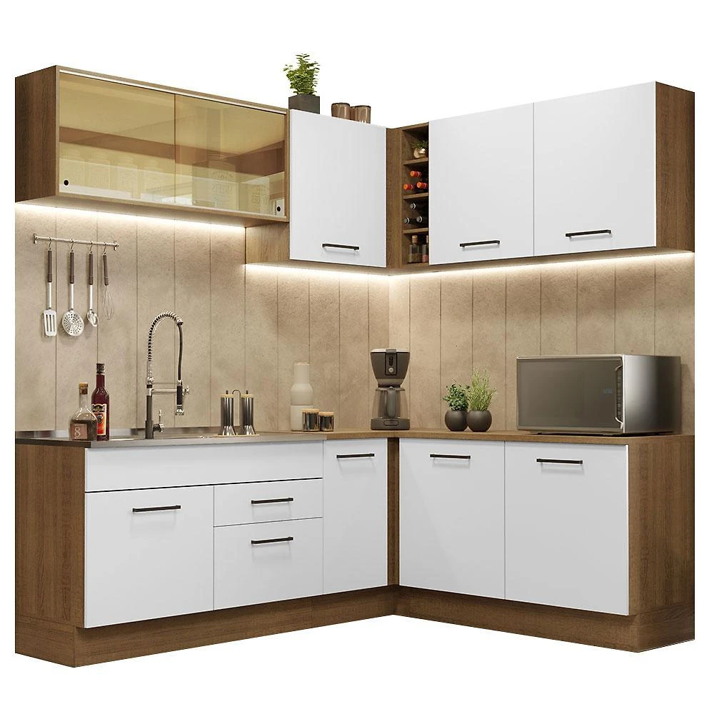 Cozinha completa de canto madesa agata 389001 com armário e balcão (sem tampo e pia) - rustic/branco