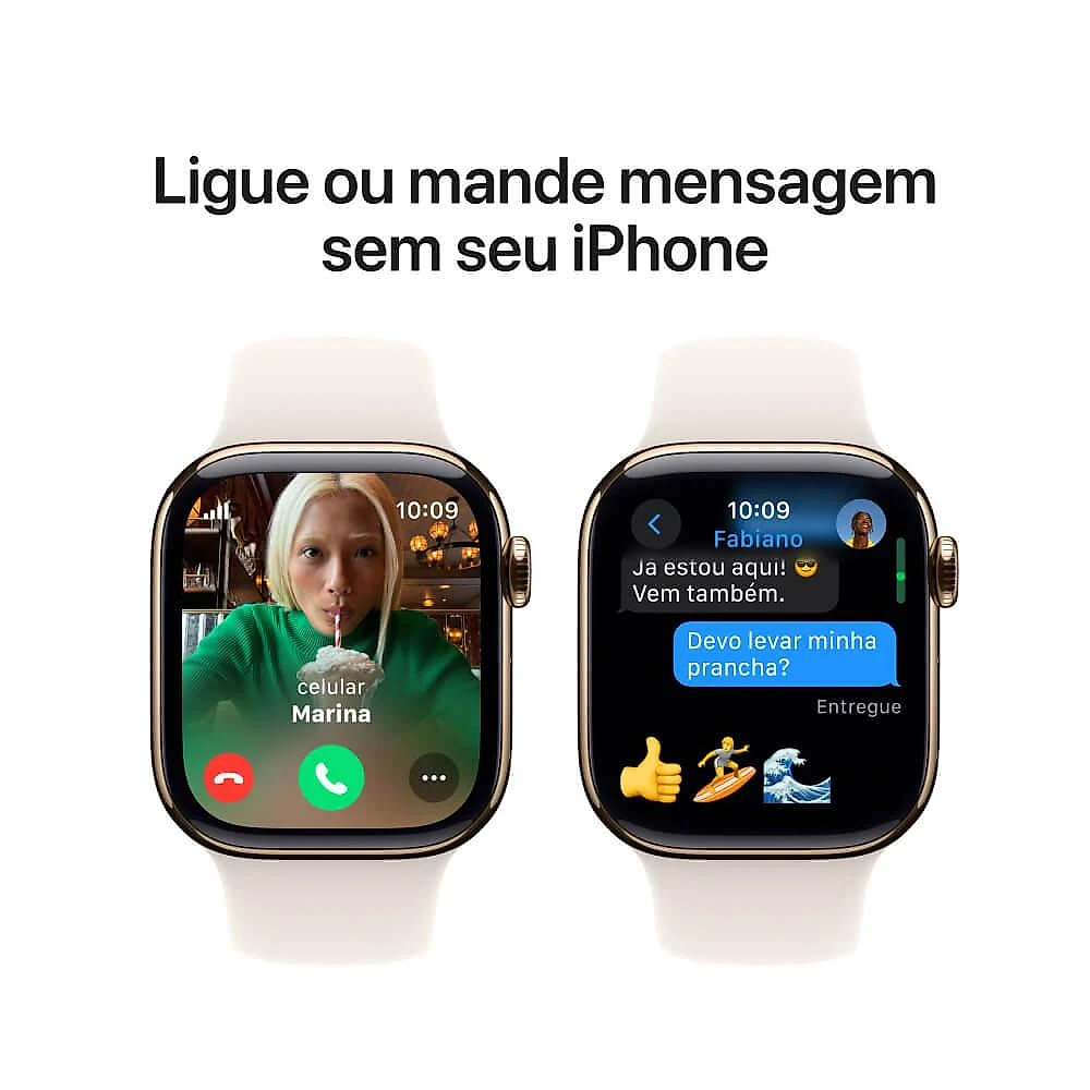 Apple Watch Series 10 GPS + Cellular • Caixa dourada de titânio – 42 mm • Pulseira esportiva estelar – M/G
