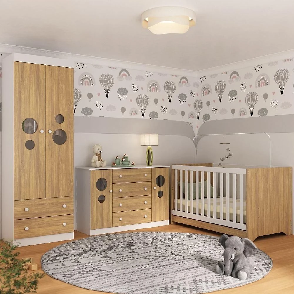Quarto De Bebê Completo Com Berço Americano 3 Em 1 Pirulito Multimóveis MP4625 Branco-madeirado
